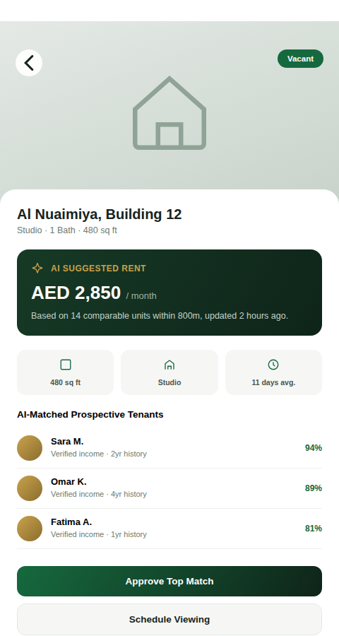 Property detail screen showing AI valuation and matched tenants