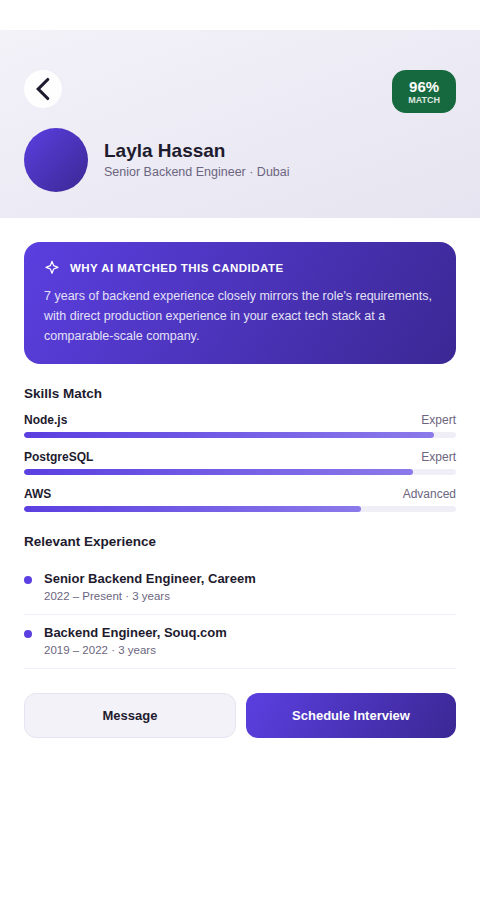 Candidate profile screen with AI match explanation and skills breakdown