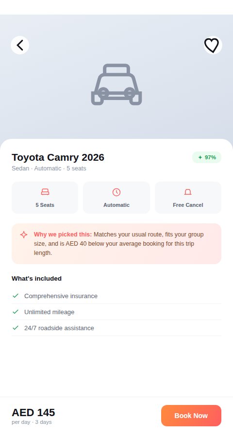 Rent-a-car app vehicle detail and booking screen with AI match explanation