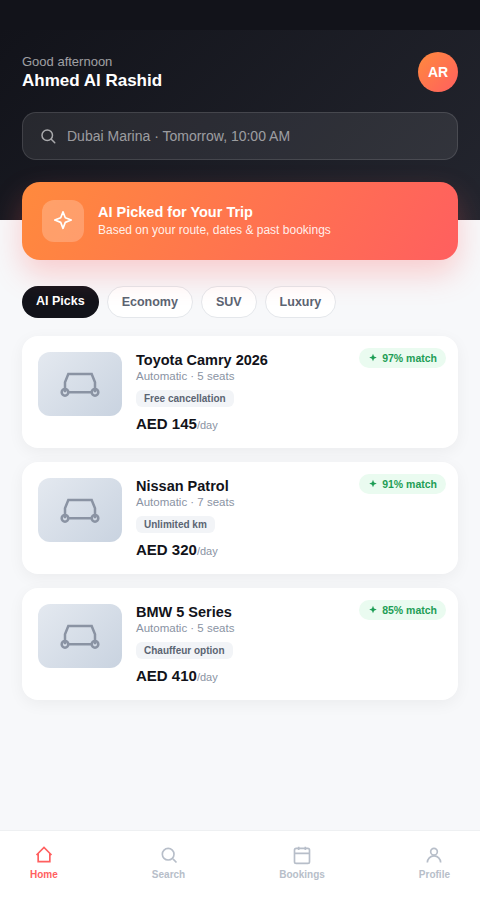AI-powered rent-a-car app home screen showing personalized vehicle matches
